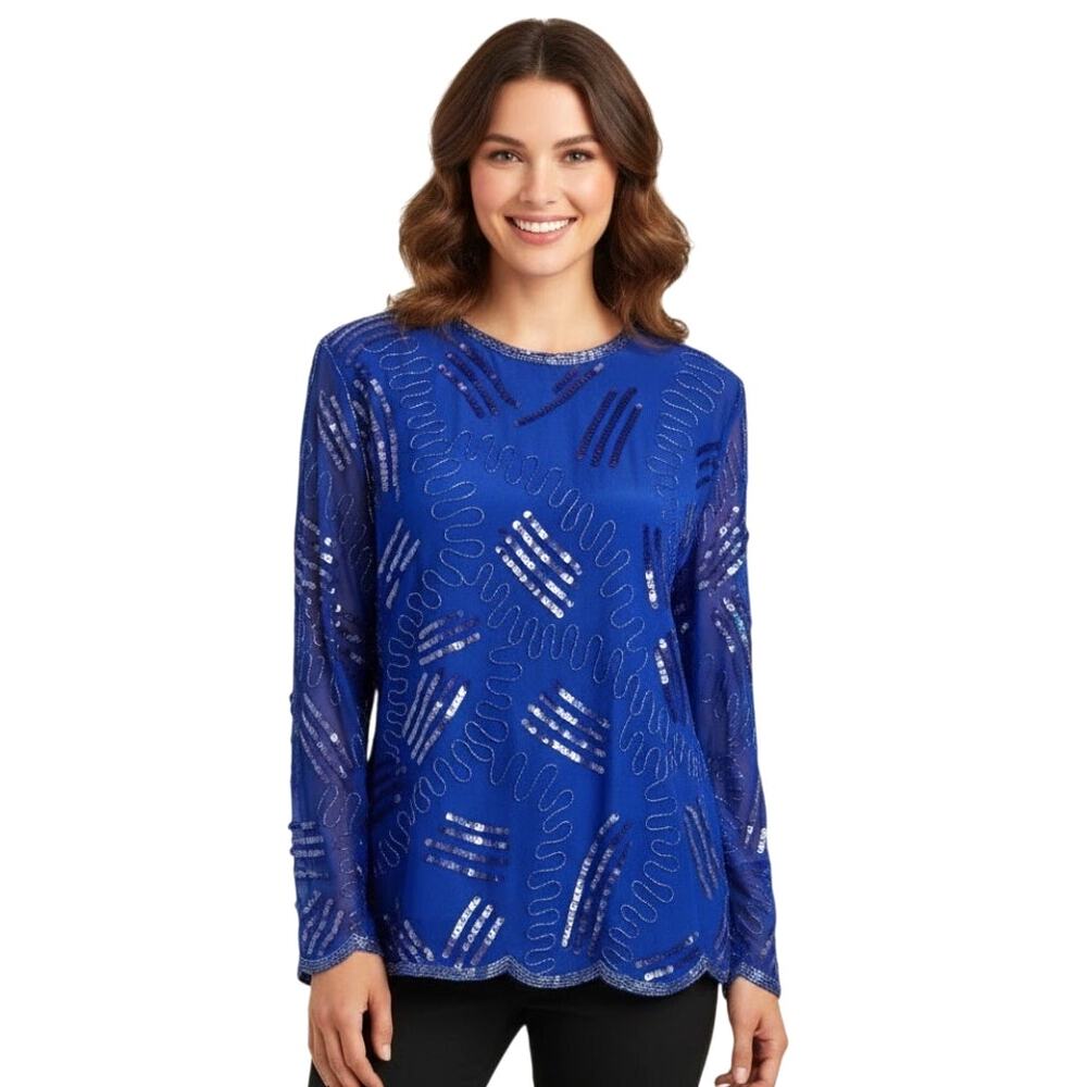 Vintage 100% Silk Beaded Blouse Blue Sheer Sleeve Art to Wear Sequin 80s